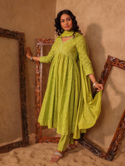 Green Jaal Vine Hand Block Cotton Anarkali Kurta Set