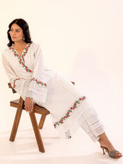 White Cotton Kurta Set with Floral Embroidery