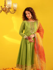 Green Cotton Gota Work Anarkali Suit Set