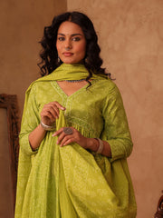 Green Jaal Vine Hand Block Cotton Anarkali Kurta Set