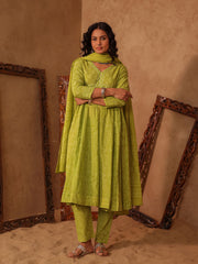 Green Jaal Vine Hand Block Cotton Anarkali Kurta Set