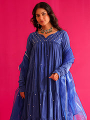 Saher Blue Pure Cotton Hand Sequin Work Anarkali Suit Set