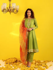 Green Cotton Gota Work Anarkali Suit Set