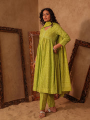 Green Jaal Vine Hand Block Cotton Anarkali Kurta Set