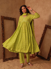 Green Jaal Vine Hand Block Cotton Anarkali Kurta Set