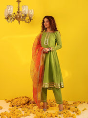 Green Cotton Gota Work Anarkali Suit Set