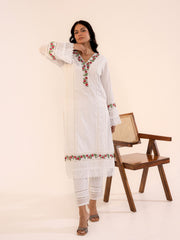White Cotton Kurta Set with Floral Embroidery