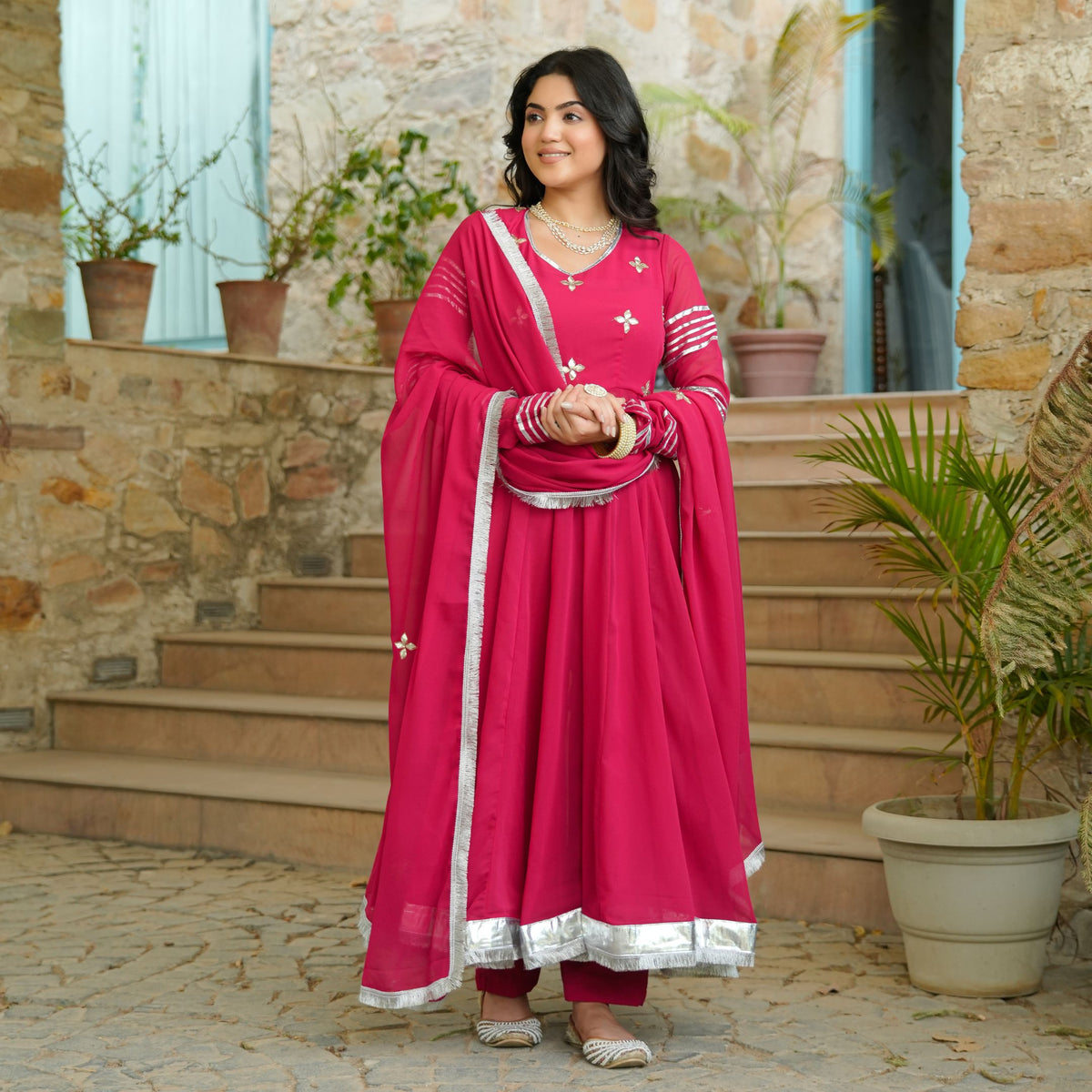 Georgette Pink Gota Hand Work Anarkali Suit Set