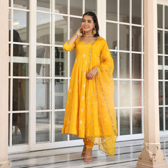 Yellow Chanderi Jacquard Anarkali Suit Set