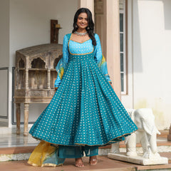 Seagreen Chanderi Jacquard Anarkali Suit Set