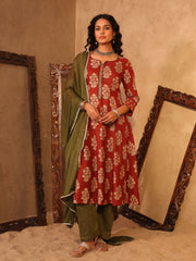 Rust Red Floral Boota Print Cotton A-Line Kurta Set