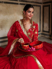 Red Gota Hand Embroidered Anarkali Suit Set with Dupatta