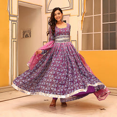 Evara Floral Printed Lilac Anarkali Gown Suit Set