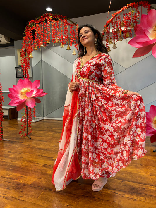 Aarvi Red Floral Printed Georgette Anarkali Suit Set