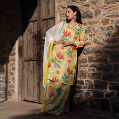 Siya Yellow Floral Maslin Hand Embroidered Suit Set