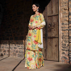 Siya Yellow Floral Maslin Hand Embroidered Suit Set