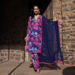 Prisha Blue Floral Maslin Hand Embroidered Suit Set