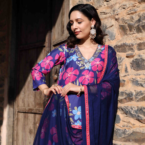 Prisha Blue Floral Maslin Hand Embroidered Suit Set – ASHEERA