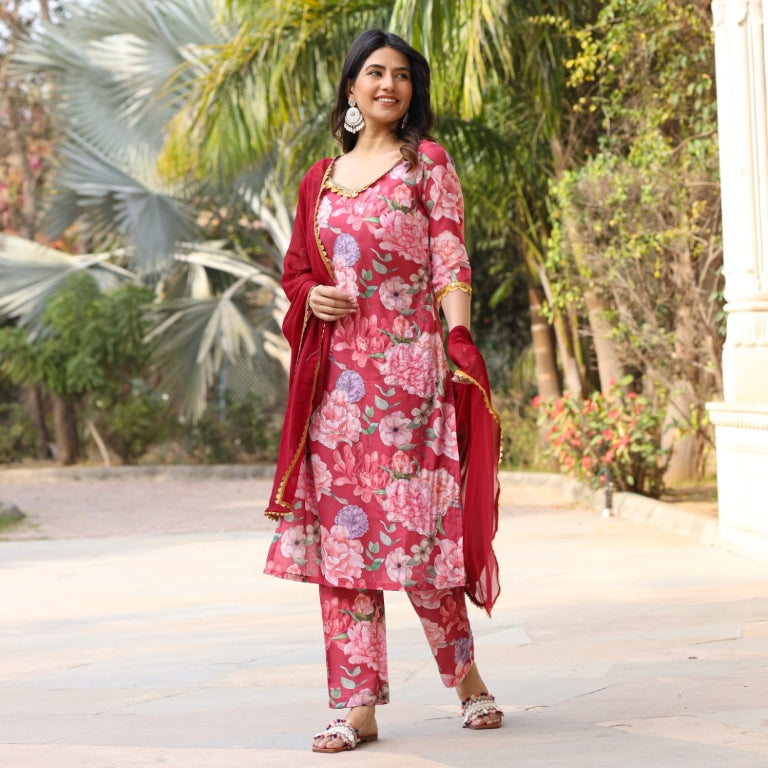 Coral Floral Maslin Hand Embroidered Suit Set