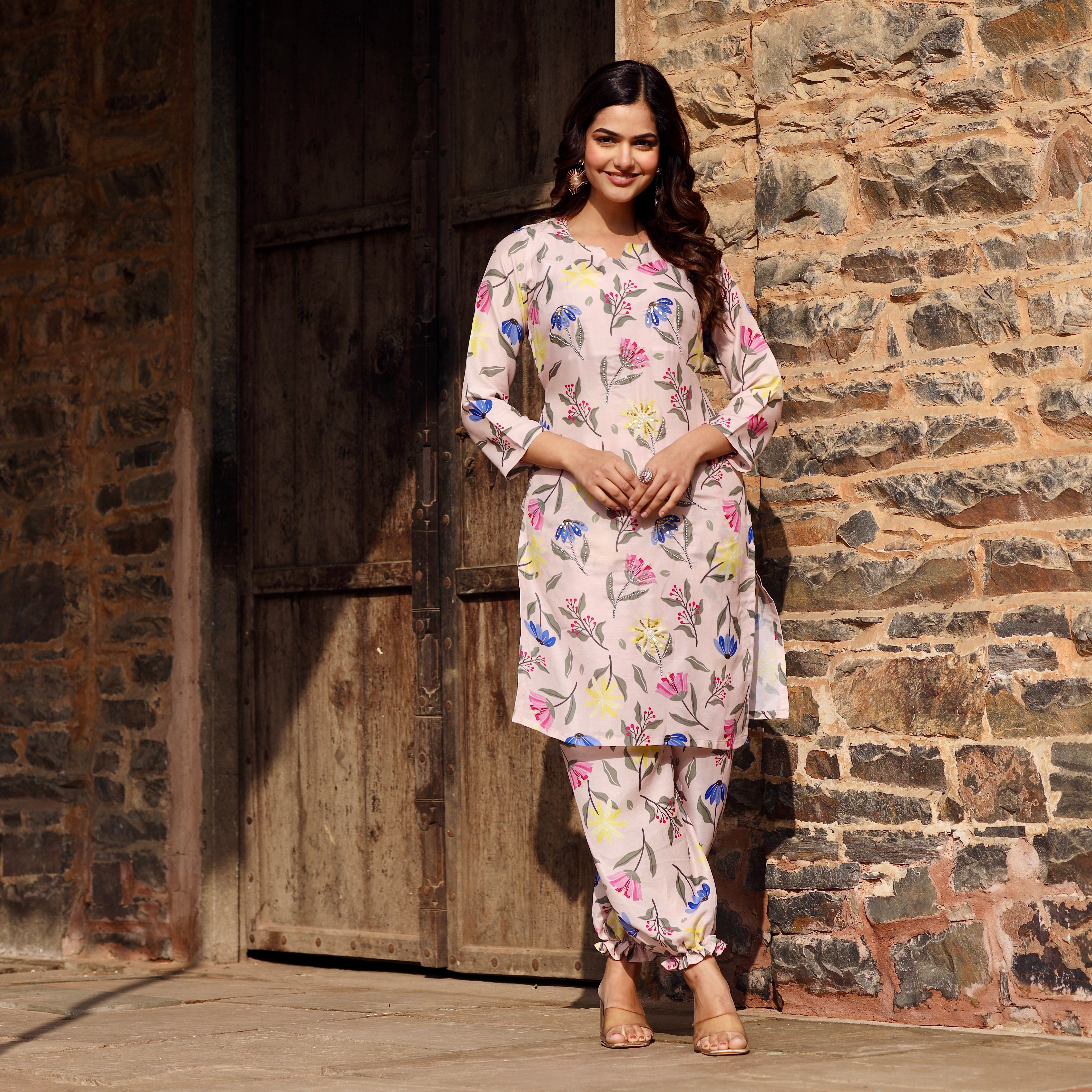 Asheera Beige Tulip Printed Zardozi Co Ord Set