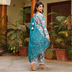 Kavya Green Floral Maslin Lace Work Suit Set