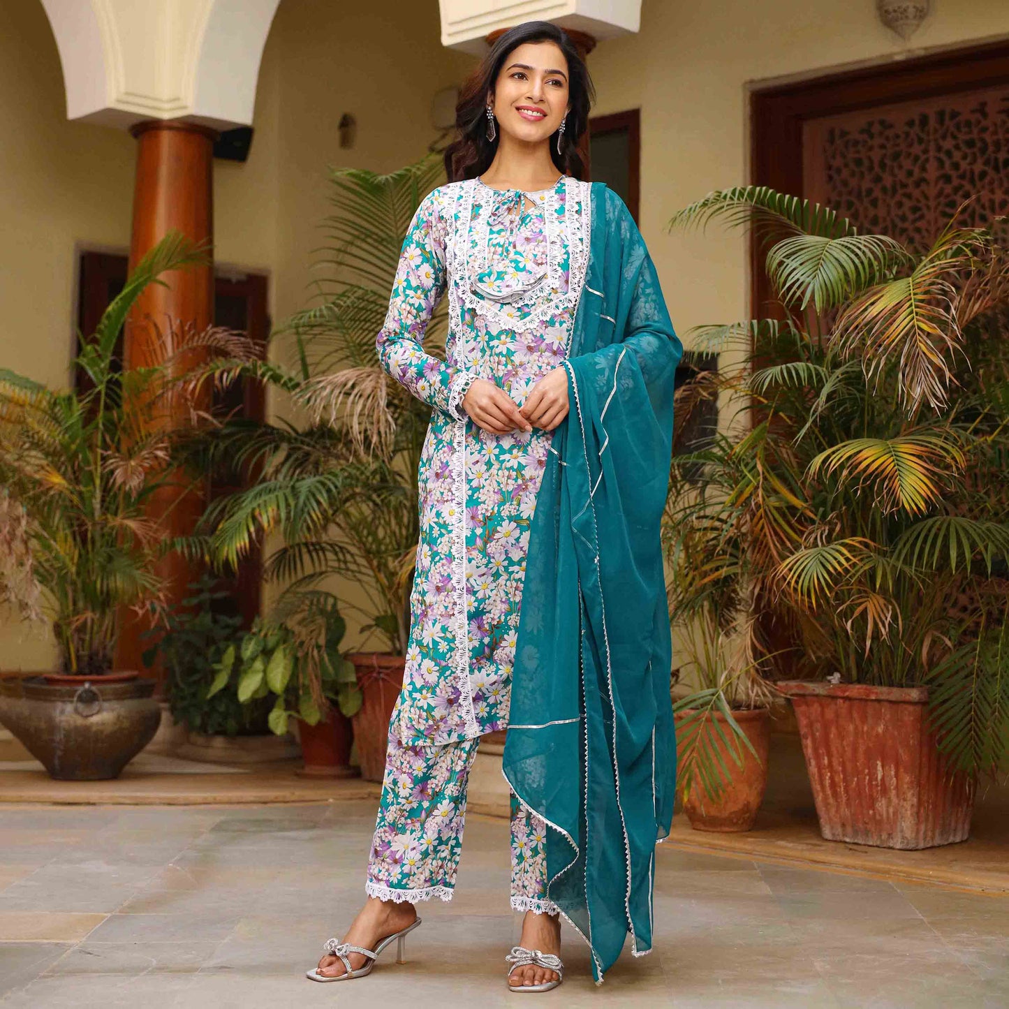 Kavya Green Floral Maslin Lace Work Suit Set