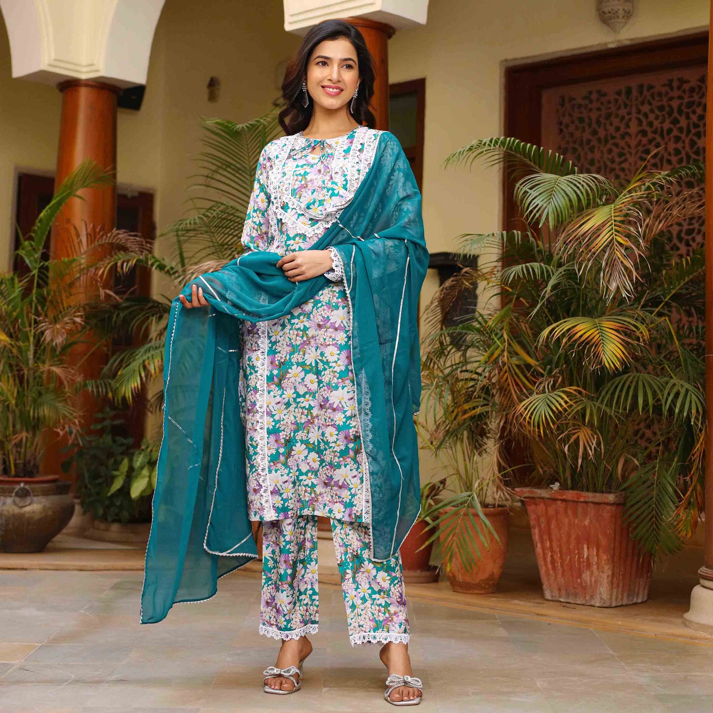 Asheera Green Kavya Floral Maslin Lace Work Suit Set