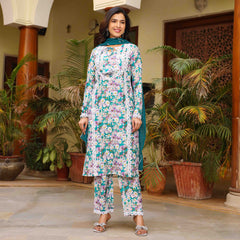 Kavya Green Floral Maslin Lace Work Suit Set