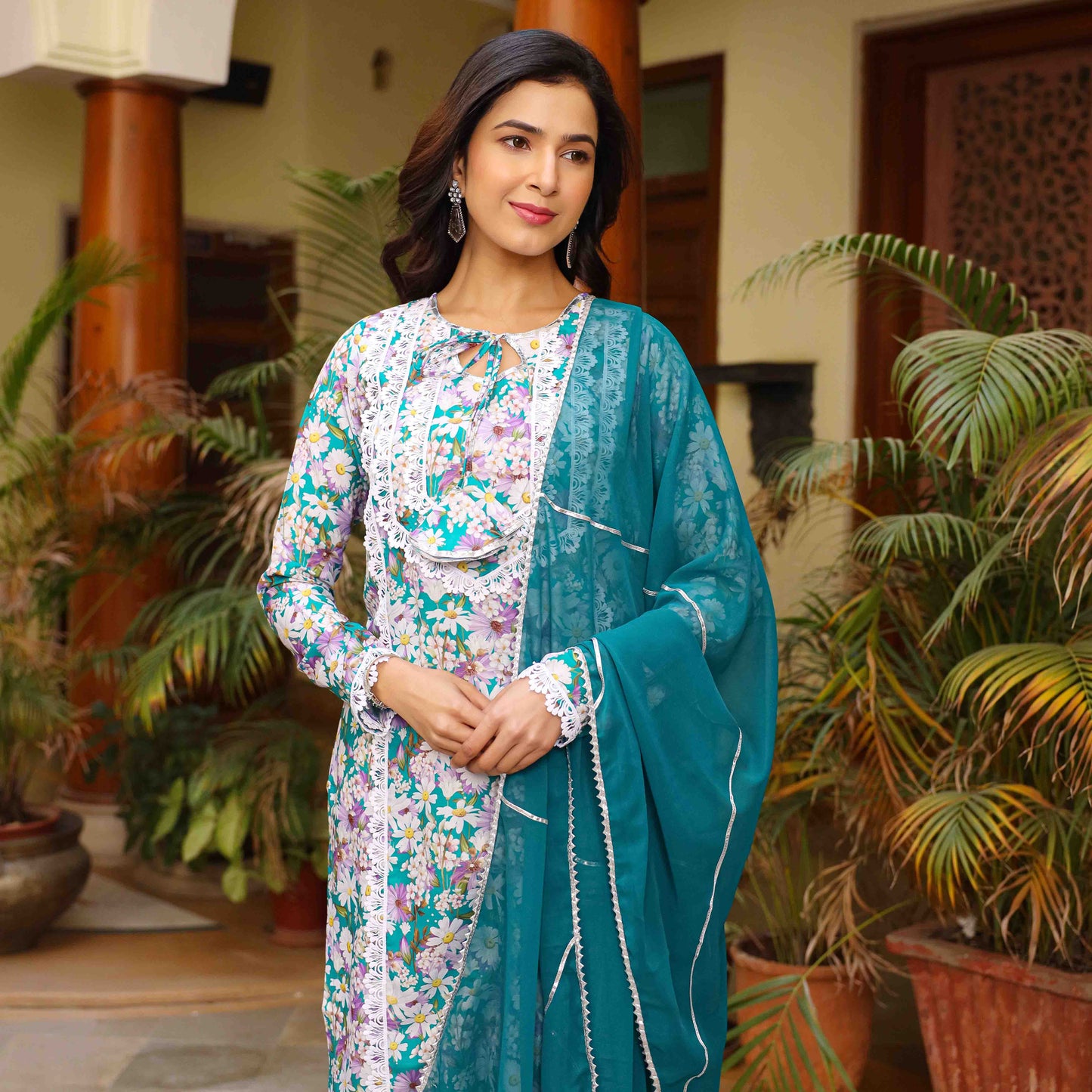 Kavya Green Floral Maslin Lace Work Suit Set