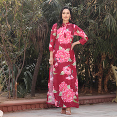 Red Floral Printed Long Kurta Co Ord Set