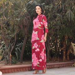 Red Floral Printed Long Kurta Co Ord Set