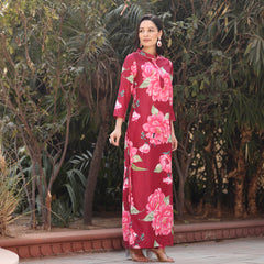 Red Floral Printed Long Kurta Co Ord Set