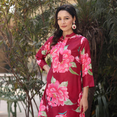 Red Floral Printed Long Kurta Co Ord Set