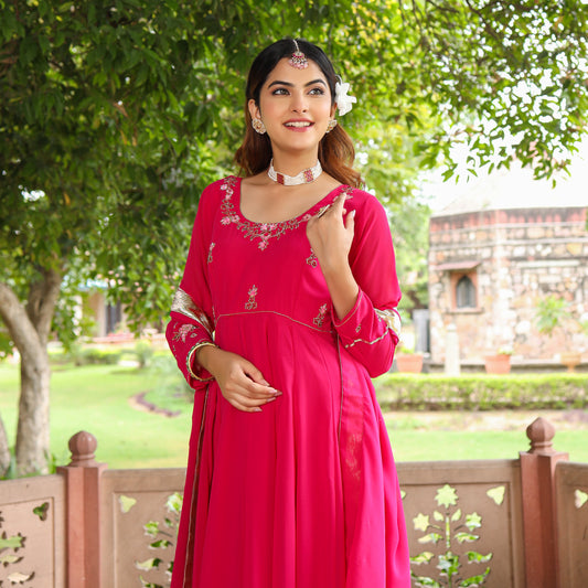 Rani Pink Zardozi Work Georgette  Anarkali Suit Set