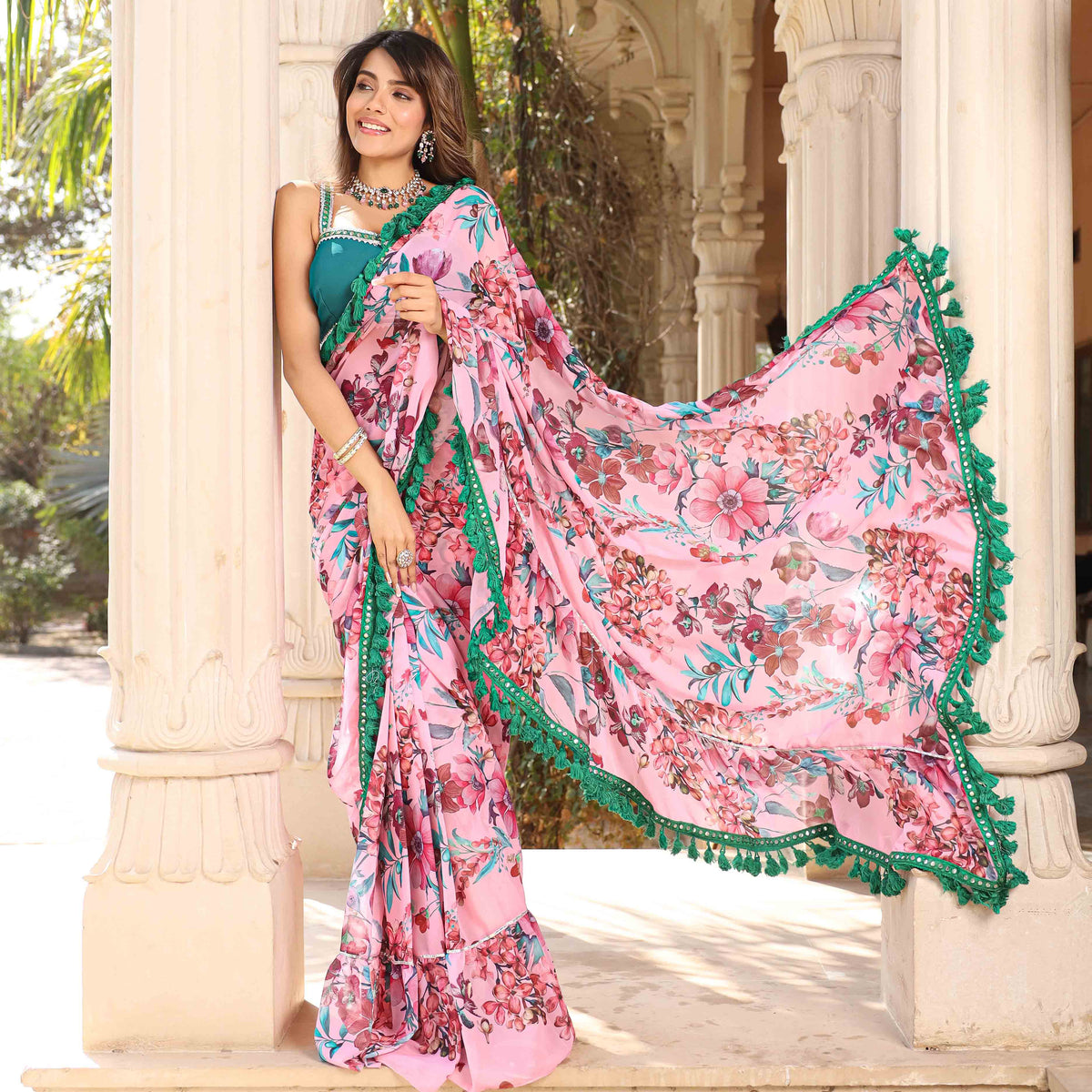 Asheera Pink Printed Georgette tussle Work Pre stitched 1 min Saree