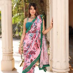 Asheera Pink Printed Georgette tussle Work Pre stitched 1 min Saree