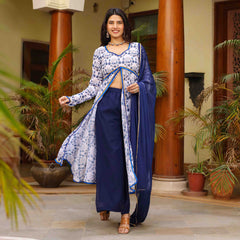 Blue and White Floral Printed Georgette Anarkali Suit Set