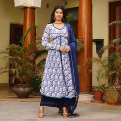 Blue and White Floral Printed Georgette Anarkali Suit Set