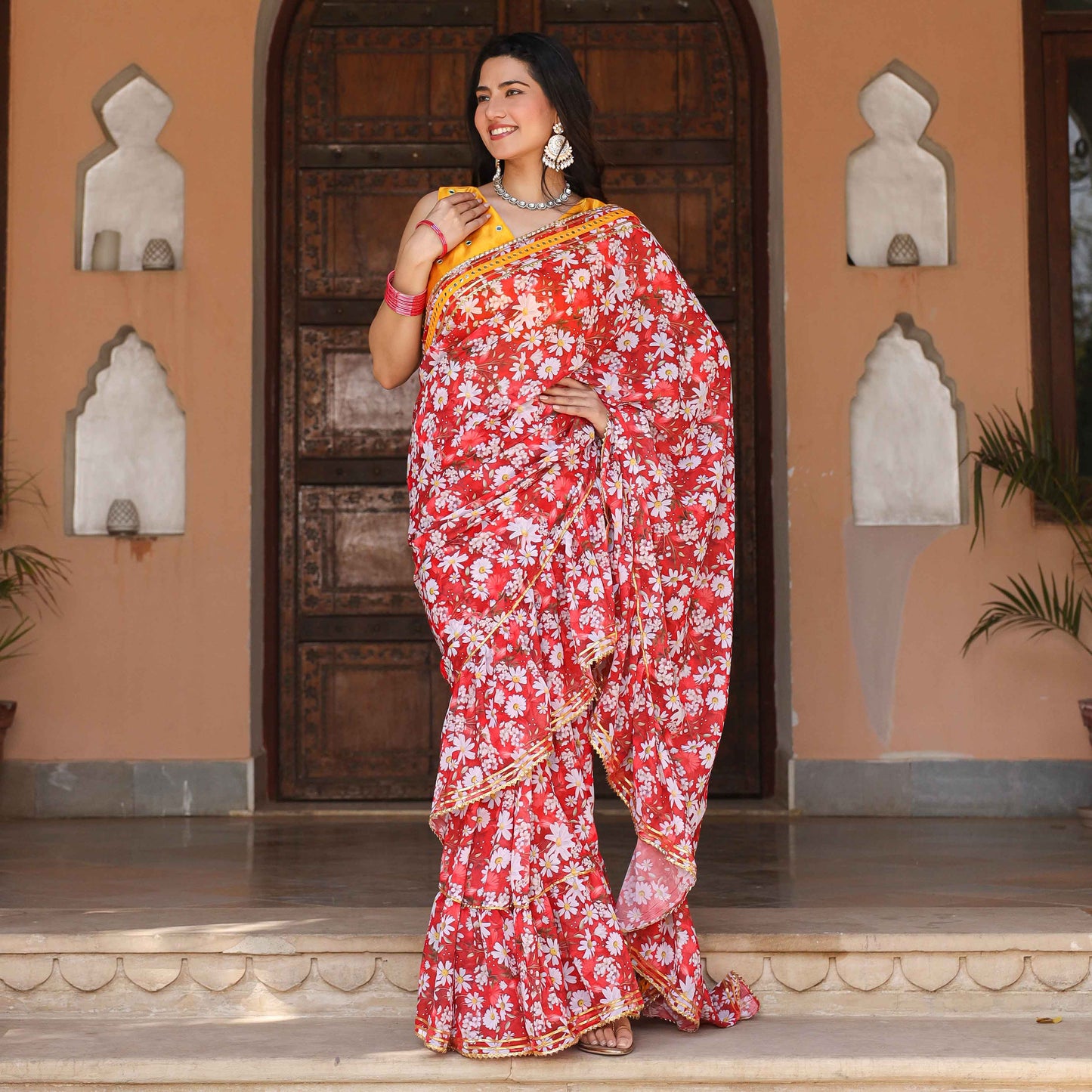 Asheera Red floral Printed Georgette mirror Work Pre stitched 1 min Saree