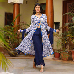 Blue and White Floral Printed Georgette Anarkali Suit Set