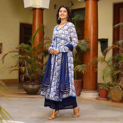 Blue and White Floral Printed Georgette Anarkali Suit Set