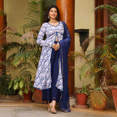 Blue and White Floral Printed Georgette Anarkali Suit Set