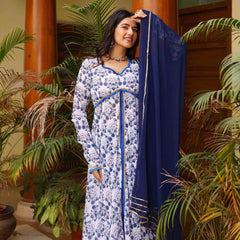 Blue and White Floral Printed Georgette Anarkali Suit Set