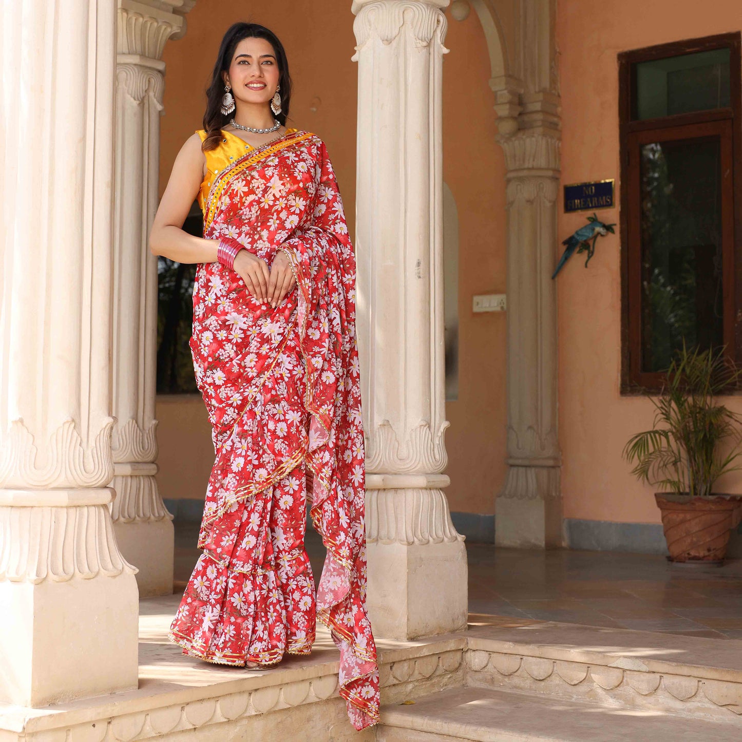 Asheera Red floral Printed Georgette mirror Work Pre stitched 1 min Saree