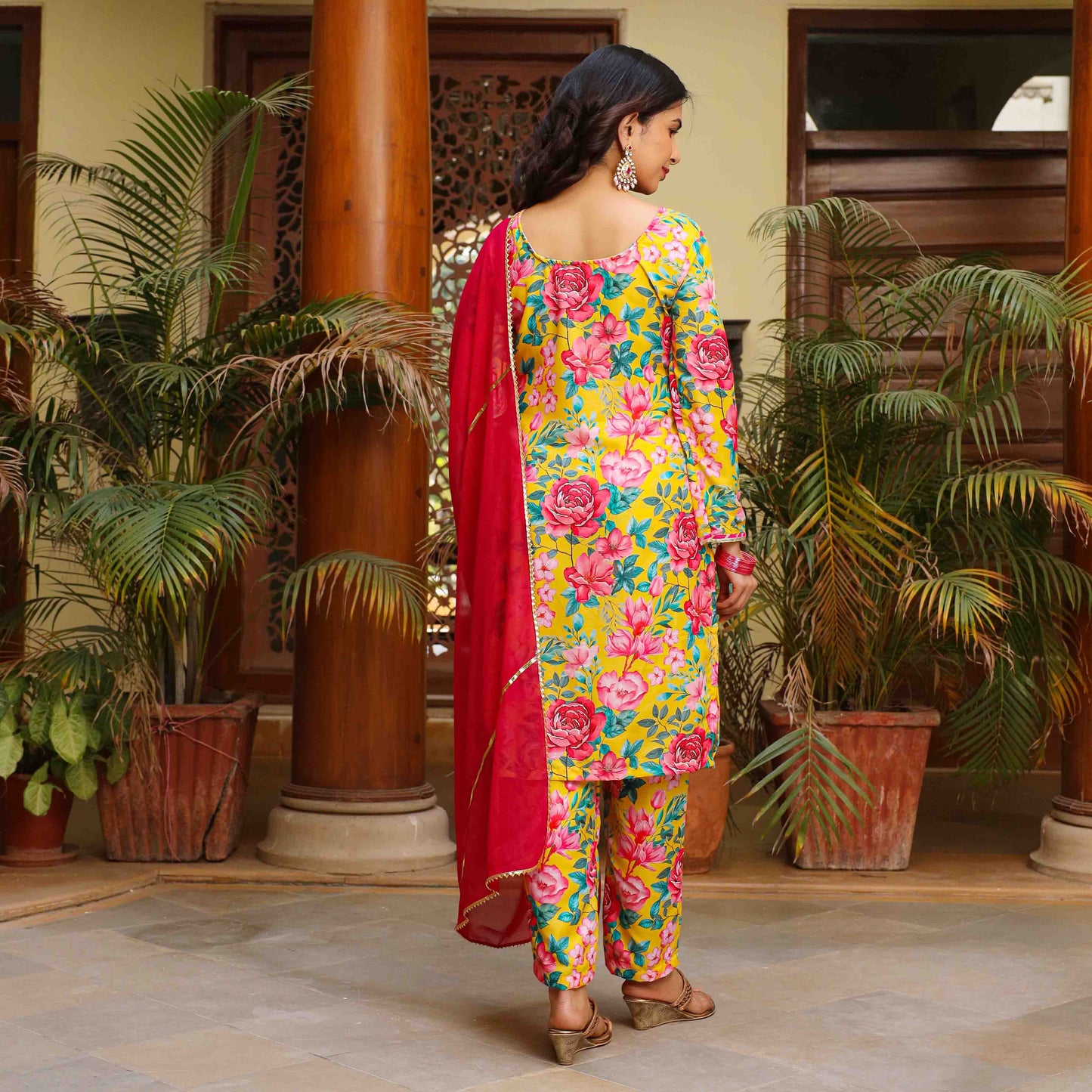 Avni Yellow Floral Maslin Hand Embroidered Suit Set
