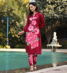 Rozana Red Floral Maslin Co Ord Set