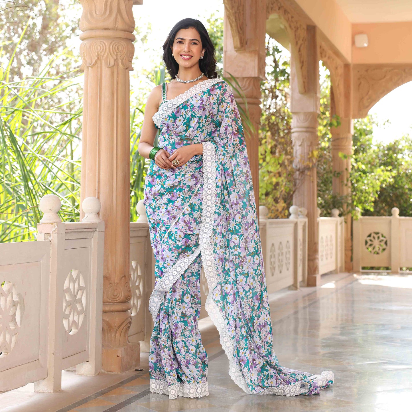 Asheera green floral Printed Georgette  Pre stitched 1 min Saree