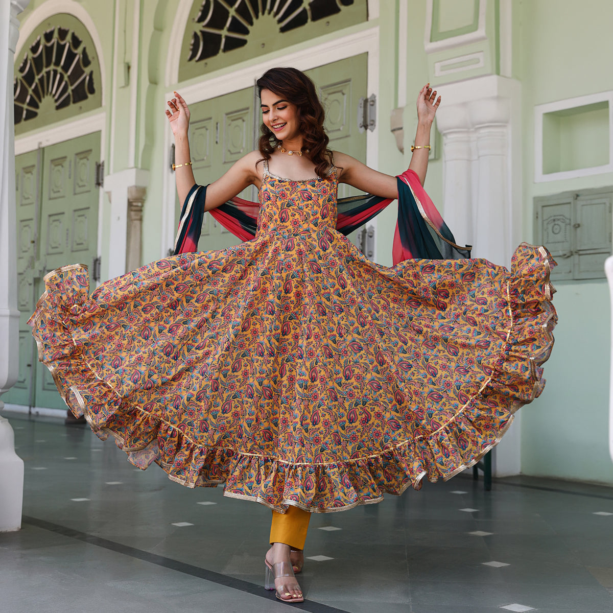 Paisley Yellow Chanderi Anarkali Suit Set