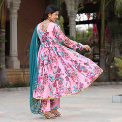 Powder Pink Floral Printed Georgette Anarkali Suit Set