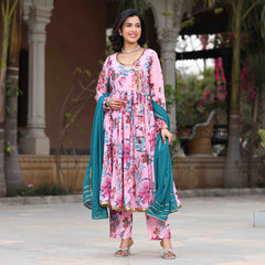 Powder Pink Floral Printed Georgette Anarkali Suit Set